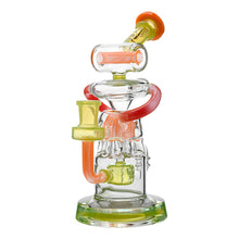 The Calibear Gusher Recycler Dual Percolator Dab Rig is a vibrant piece with orange, yellow, and green accents, intricate tubing, and a circular base—perfect for smoking or vaporizing your favorite substances.