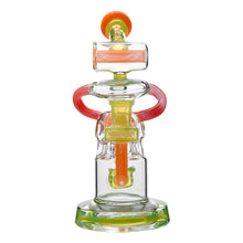 The Calibear Gusher Recycler Dual Percolator Dab Rig features orange, yellow, and red accents with intricate tubes and curves on a clear base for a vibrant dabbing experience.