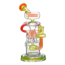 The Calibear Gusher Recycler Dual Percolator Dab Rig features orange and yellow accents, intricate glasswork, a round base, multiple chambers, and curved tubing.