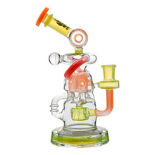 The Calibear Gusher Recycler Dual Percolator Dab Rig showcases orange, yellow, and green accents with a cylindrical chamber, multiple angled tubes, decorative curves, and sits on a round base.