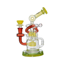 The Calibear Gusher Recycler Dual Percolator Dab Rig features a vivid red, yellow, and clear design with a circular base, angled mouthpiece, and multiple chambers, shown against a white background.