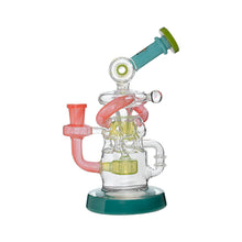 The Calibear Gusher Recycler Dual Percolator Dab Rig features a teal base and mouthpiece, pink and green accents, intricate twisted tubing, all set against a white background.