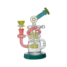 The Calibear Gusher Recycler Dual Percolator Dab Rig features a teal base, green accents, swirling pink tubing, an artistic multi-chamber design, and delivers smooth filtration with its advanced recycler system.