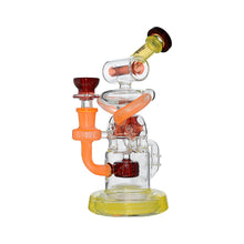 The Calibear Gusher Recycler Dual Percolator Dab Rig features vibrant orange, yellow, and red components, multiple chambers, and curved tubing, showcased on a white background.