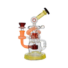The Calibear Gusher Recycler Dual Percolator Dab Rig features yellow, orange, and red accents with a twisted and looped design, displayed against a white background.