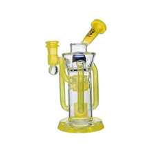 The Calibear Supercycler Recycler Dab Rig, shown in yellow and clear with a rounded base, angled neck, dual percolators, and multiple chambers and tubes, is photographed against a white background.