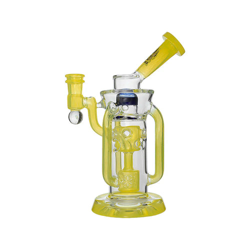 The Calibear Supercycler Recycler Dab Rig is a clear and yellow rig with a recycler system, dual percolator design, wide base, angled mouthpiece, and side bowl attachment, shown against a white background.