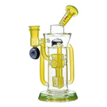 The Calibear Supercycler Recycler Dab Rig is a glass water pipe with yellow accents, a cylindrical chamber, wide base, side percolator, and intricate details, featuring a blue decorative emblem.