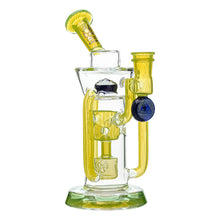 The Calibear Supercycler Recycler Dab Rig features yellow accents, clear glass, a cylindrical base, curved neck, dual percolator chambers, and a dark blue knob for a distinctive look.