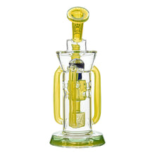 The Calibear Supercycler Recycler Dab Rig is a clear glass piece with yellow accents, a cylindrical body, two side handles, a flared mouthpiece, an efficient recycler system, and stands upright on a round base.