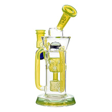 The Calibear Supercycler Recycler Dab Rig features yellow accents, a clear body, cylindrical chamber, dual percolator recycler system, side handle, and angled mouthpiece.
