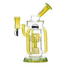 The Calibear Supercycler Recycler Dab Rig features yellow and green accents, geometric details, a dual percolator system, cylindrical base, clear glass sections, and an efficient recycler for smooth hits.