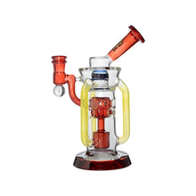 The Calibear Supercycler Recycler Dab Rig is a glass water pipe with red accents, yellow loop handles, and a detailed red percolator chamber. Its advanced recycler system delivers smoother hits for an elevated smoking experience.