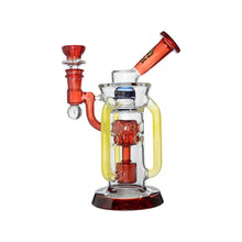 The Calibear Supercycler Recycler Dab Rig, shown against a white background, is a water pipe with red, yellow, and clear sections, dual percolators, multiple chambers, a curved mouthpiece, and a round base.