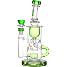 The Calibear Cascade Flower Of Life Klein Recycler Dab Rig is a clear glass piece with green-accented mouthpiece, bowl, base, and handle. It features a complex Flower of Life perc inside and includes a 14mm female joint for versatile use.
