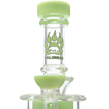 The Calibear Cascade Flower Of Life Klein Recycler Dab Rig is a clear glass piece with light green accents, a 14mm female joint, and the CALIBEAR logo featuring a bear paw print and outline on the neck.