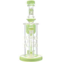 A clear glass Calibear Cascade Flower Of Life Klein Recycler Dab Rig with light green accents, a paw print logo on the neck, cylindrical chambers, 14mm female joint, and intricate glasswork.