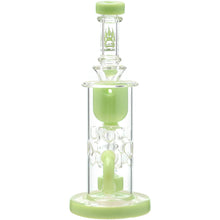 The Calibear Cascade Flower Of Life Klein Recycler Dab Rig is a clear glass rig with light green accents on the base, mouthpiece, and inside, a paw print logo near the top, and a 14mm female joint.