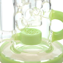Close-up of the Calibear Cascade Flower Of Life Klein Recycler Dab Rig with light green accents, intricate internal glasswork, a geometric Flower of Life percolator at the base, and a 14mm female joint.