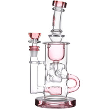 The Calibear Cascade Flower Of Life Klein Recycler Dab Rig is a clear glass rig with pink accents, a 14mm female joint, intricate multi-chamber design, and features a Flower of Life percolator.