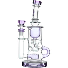 The Calibear Cascade Flower Of Life Klein Recycler Dab Rig features clear glass with purple accents, a cylindrical base, multiple chambers, side handle, Flower of Life percolator, and a 14mm female joint—perfect for smoking.