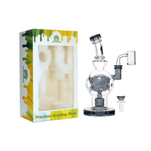 The Calibear Exosphere Seed Of Life Dab Rig, made of borosilicate glass with an intricate Seed of Life percolator, comes in a colorful CALIBEAR Premium Smoking Glass box with a custom foam insert for the rig and its accessories.