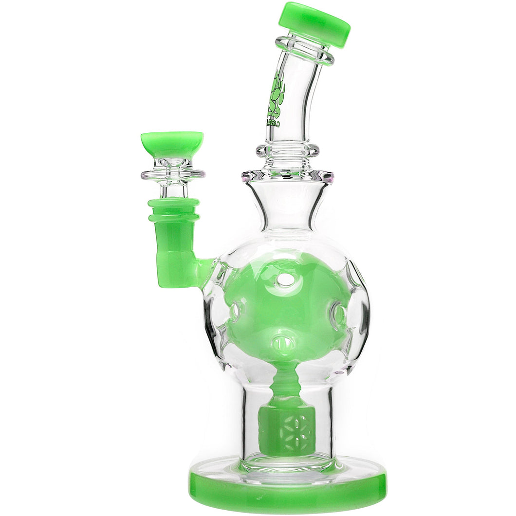 The Calibear Exosphere Seed Of Life Dab Rig is made of clear borosilicate glass with green accents and features circular indentations plus a Seed of Life percolator inside for smooth filtration.