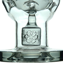 Close-up of the Calibear Exosphere Seed Of Life Dab Rig, made from clear borosilicate glass with a geometric etched cube section, Seed of Life percolator, and round base, shown against a white background.