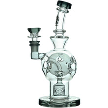 The Calibear Exosphere Seed Of Life Dab Rig features borosilicate glass with swirling designs, an angled mouthpiece, a detachable bowl, and a round base supporting the Seed of Life percolator for eye-catching style.