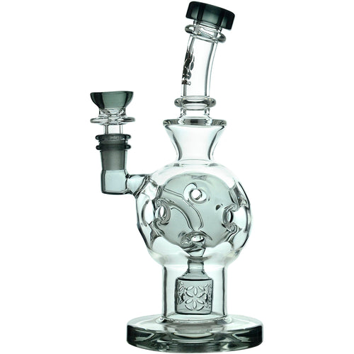 The Calibear Exosphere Seed Of Life Dab Rig features borosilicate glass with swirling designs, an angled mouthpiece, a detachable bowl, and a round base supporting the Seed of Life percolator for eye-catching style.
