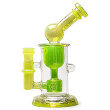 The Calibear Kickback Opal Incycler Dab Rig is a clear and neon yellow glass water pipe with a cylindrical base, angled neck, opal accents, and multiple percolators for filtration, shown against a white background.