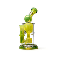 The Calibear Kickback Opal Incycler Dab Rig features a vibrant yellow and green cylindrical body, angled mouthpiece, seed of life percolator, opal accents, and flat base, shown upright against a white background.