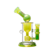 The Calibear Kickback Opal Incycler Dab Rig features a green and yellow gradient, wide base, circular chamber, seed of life perc, side handle, opal accents, and an angled mouthpiece.