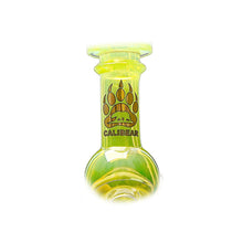 A close-up of the Calibear Kickback Opal Incycler Dab Rig, showcasing yellow-green and opal accents, a bear paw print design, and "CALIBEAR" printed on the neck.
