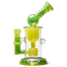 The Calibear Kickback Opal Incycler Dab Rig features green and yellow glass, a cylindrical base, angled mouthpiece, and intricate internal percolator—all set against a white background.