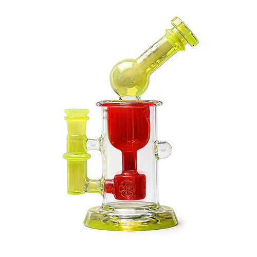 The Calibear Kickback Opal Incycler Dab Rig features a neon yellow base, mouthpiece, and handle with a red central chamber. Its modern design showcases clean lines, a transparent body, and standout artistic style.