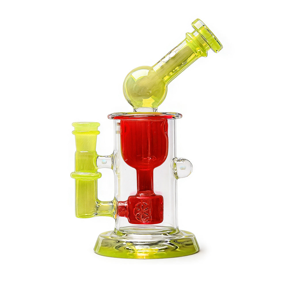 The Calibear Kickback Opal Incycler Dab Rig features a neon yellow base, mouthpiece, and handle with a red central chamber. Its modern design showcases clean lines, a transparent body, and standout artistic style.