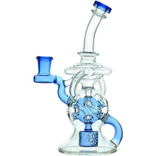 The Calibear Infinity Loop Seed Of Life Klein Recycler is a clear borosilicate glass water pipe with blue accents, a curved neck, intricate glasswork, and a Seed of Life percolator for superior filtration.