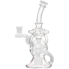 The Calibear Infinity Loop Seed Of Life Klein Recycler is a clear borosilicate glass water pipe with white accents, a curved mouthpiece, multiple chambers with a Seed of Life percolator, side arm holder, and stable flat base.