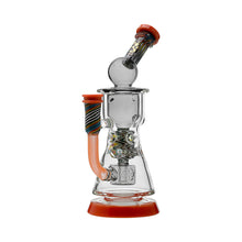 The Calibear WigWag Seed Of Life Percolator Incycler Dab Rig features clear glass, orange accents on the base, mouthpiece, and handle, a curved neck, intricate internal glasswork, and a vibrant wig wag design.