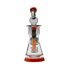 The Calibear WigWag Seed Of Life Percolator Incycler Dab Rig features clear glass, bold orange accents on the base and mouthpiece, a twisted blue and orange wig wag design, and a seed of life percolator.