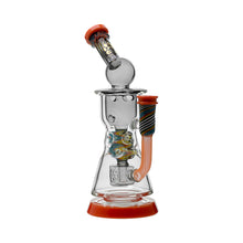 The Calibear WigWag Seed Of Life Percolator Incycler Dab Rig features orange accents, a swirled handle, a beaker-shaped base, and a tilted mouthpiece, all highlighted by an eye-catching wig wag color design.