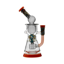 The Calibear WigWag Seed Of Life Percolator Incycler Dab Rig features a glass build with a conical base, orange accents, side handle, Seed of Life percolator, and wig wag color design on the neck and mouthpiece.