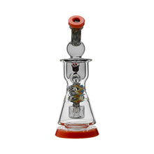 The Calibear WigWag Seed Of Life Percolator Incycler Dab Rig features clear glass with an orange mouthpiece and base, a wig wag color design, spiral neck pattern, and intricate internal Seed of Life percolator details.