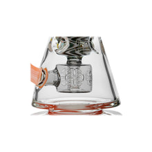 Close-up of a Calibear WigWag Seed Of Life Percolator Incycler Dab Rig, showcasing intricate geometric patterns, orange accents on the mouthpiece and base, and a bold wig wag color design, displayed against a white background.