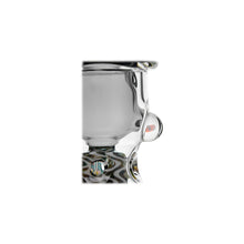 Close-up of the Calibear WigWag Seed Of Life Percolator Incycler Dab Rig, showing its clear glass, smooth curves, colorful wig wag design, rounded protrusion, and hints of the seed of life percolator against a plain white background.