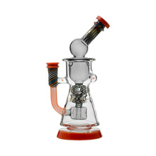 The Calibear WigWag Seed Of Life Percolator Incycler Dab Rig features clear glass, orange accents, a vibrant wig wag design on the side tube and mouthpiece, and an intricate Seed of Life percolator in the inner chamber.