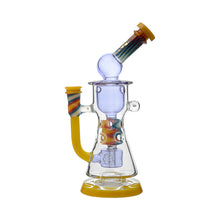 The Calibear WigWag Seed Of Life Percolator Incycler Dab Rig features a yellow base, clear chamber, colorful accents, seed of life percolator, and a tilted mouthpiece with vibrant wig wag design.