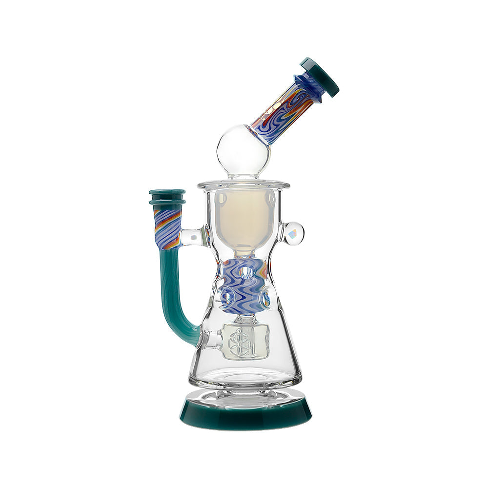 The Calibear WigWag Seed Of Life Percolator Incycler Dab Rig features swirling blue, orange, and purple wig wag accents on the neck and mouthpiece, a teal handle and base, plus a clear chamber with seed of life percolator, shown on a white background.