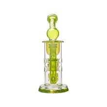 The Calibear Seed Of Life Swiss Incycler Dab Rig is a transparent glass water pipe with green accents, a cylindrical base and chamber, percolator filtration, and a rounded mouthpiece.